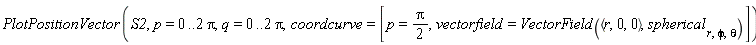 PlotPositionVector(S2, p = 0 .. 2*Pi, q = 0 .. 2*Pi, coordcurve = [p = (1/2)*Pi, vectorfield = VectorField(`<,>`(r, 0, 0), spherical[r, phi, theta])])