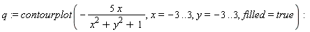 q := contourplot(-5*x/(x^2+y^2+1), x = -3 .. 3, y = -3 .. 3, filled = true)