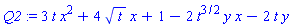 3*t*x^2+4*t^(1/2)*x+1-2*t^(3/2)*y*x-2*t*y