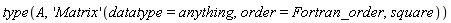 type(A, ('Matrix')(datatype = anything, order = Fortran_order, square))