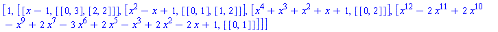 [1, [[x-1, [[0, 3], [2, 2]]], [x^2-x+1, [[0, 1], [1, 2]]], [x^4+x^3+x^2+x+1, [[0, 2]]], [x^12-2*x^11+2*x^10-x^9+2*x^7-3*x^6+2*x^5-x^3+2*x^2-2*x+1, [[0, 1]]]]]