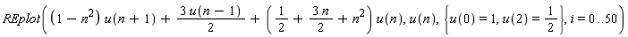 REplot((1-n^2)*u(n+1)+3*u(n-1)*(1/2)+(1/2+3*n*(1/2)+n^2)*u(n), u(n), {u(0) = 1, u(2) = 1/2}, i = 0 .. 50)