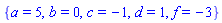 {a = 5, b = 0, c = -1, d = 1, f = -3}