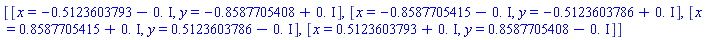[[x = -.5123603793-0.*I, y = -.8587705408+0.*I], [x = -.8587705415-0.*I, y = -.5123603786+0.*I], [x = .8587705415+0.*I, y = .5123603786-0.*I], [x = .5123603793+0.*I, y = .8587705408-0.*I]]