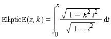 EllipticE(z, k) = int(sqrt(1-k^2*t^2)/sqrt(1-t^2), t = 0 .. z)