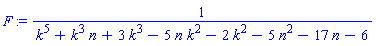 F := 1/(k^5+k^3*n+3*k^3-5*n*k^2-2*k^2-5*n^2-17*n-6)
