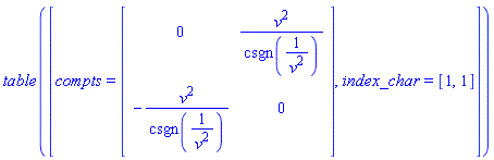 TABLE([compts = matrix([[0, v^2/csgn(1/v^2)], [-v^2/csgn(1/v^2), 0]]), index_char = [1, 1]])