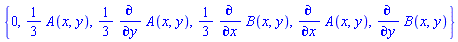 {0, (1/3)*A(x, y), (1/3)*(diff(A(x, y), y)), (1/3)*(diff(B(x, y), x)), diff(A(x, y), x), diff(B(x, y), y)}