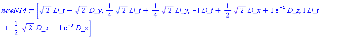 [_DG([["vector", M, []], [[[1], 2^(1/2)], [[3], -2^(1/2)]]]), _DG([["vector", M, []], [[[1], (1/4)*2^(1/2)], [[3], (1/4)*2^(1/2)]]]), _DG([["vector", M, []], [[[1], -I], [[2], (1/2)*2^(1/2)], [[4], I*exp(-x)]]]), _DG([["vector", M, []], [[[1], I], [[2], (1/2)*2^(1/2)], [[4], -I*exp(-x)]]])]