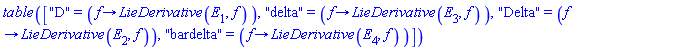 TABLE(["D" = (proc (f) options operator, arrow; LieDerivative(E[1], f) end proc), "delta" = (proc (f) options operator, arrow; LieDerivative(E[3], f) end proc), "Delta" = (proc (f) options operator, arrow; LieDerivative(E[2], f) end proc), "bardelta" = (proc (f) options operator, arrow; LieDerivative(E[4], f) end proc)])