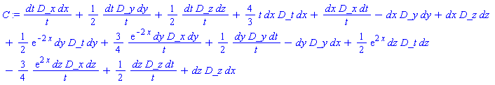 _DG([["connection", M, [["cov_bas", "con_bas", "cov_bas"], []]], [[[1, 2, 2], 1/t], [[1, 3, 3], (1/2)/t], [[1, 4, 4], (1/2)/t], [[2, 1, 2], (4/3)*t], [[2, 2, 1], 1/t], [[2, 3, 3], -1], [[2, 4, 4], 1], [[3, 1, 3], (1/2)*exp(-2*x)], [[3, 2, 3], (3/4)*exp(-2*x)/t], [[3, 3, 1], (1/2)/t], [[3, 3, 2], -1], [[4, 1, 4], (1/2)*exp(2*x)], [[4, 2, 4], -(3/4)*exp(2*x)/t], [[4, 4, 1], (1/2)/t], [[4, 4, 2], 1]]])