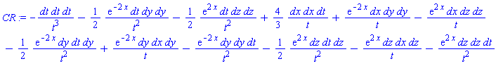 _DG([["tensor", M, [["cov_bas", "cov_bas", "cov_bas"], []]], [[[1, 1, 1], -1/t^3], [[1, 3, 3], -(1/2)*exp(-2*x)/t^2], [[1, 4, 4], -(1/2)*exp(2*x)/t^2], [[2, 2, 1], (4/3)/t], [[2, 3, 3], exp(-2*x)/t], [[2, 4, 4], -exp(2*x)/t], [[3, 1, 3], -(1/2)*exp(-2*x)/t^2], [[3, 2, 3], exp(-2*x)/t], [[3, 3, 1], -exp(-2*x)/t^2], [[4, 1, 4], -(1/2)*exp(2*x)/t^2], [[4, 2, 4], -exp(2*x)/t], [[4, 4, 1], -exp(2*x)/t^2]]])