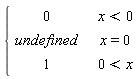 piecewise(x < 0, 0, x = 0, undefined, 0 < x, 1)
