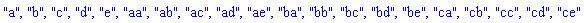 "a", "b", "c", "d", "e", "aa", "ab", "ac", "ad", "ae", "ba", "bb", "bc", "bd", "be", "ca", "cb", "cc", "cd", "ce"