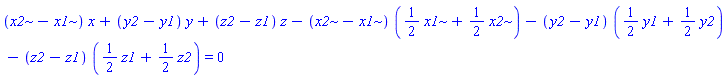(x2-x1)*x+(y2-y1)*y+(z2-z1)*z-(x2-x1)*((1/2)*x1+(1/2)*x2)-(y2-y1)*((1/2)*y1+(1/2)*y2)-(z2-z1)*((1/2)*z1+(1/2)*z2) = 0