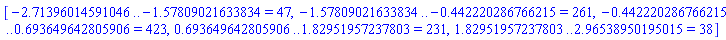 [-2.71396014591046 .. -1.57809021633834 = 47, -1.57809021633834 .. -.442220286766215 = 261, -.442220286766215 .. .693649642805906 = 423, .693649642805906 .. 1.82951957237803 = 231, 1.82951957237803 .. 2.96538950195015 = 38]