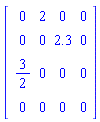 Matrix([[0, 2, 0, 0], [0, 0, 2.3, 0], [3/2, 0, 0, 0], [0, 0, 0, 0]])