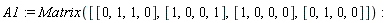 A1 := Matrix([[0, 1, 1, 0], [1, 0, 0, 1], [1, 0, 0, 0], [0, 1, 0, 0]])