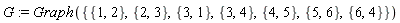 G := Graph({{1, 2}, {1, 3}, {2, 3}, {3, 4}, {4, 5}, {4, 6}, {5, 6}})