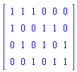 Matrix([[1, 1, 1, 0, 0, 0], [1, 0, 0, 1, 1, 0], [0, 1, 0, 1, 0, 1], [0, 0, 1, 0, 1, 1]])