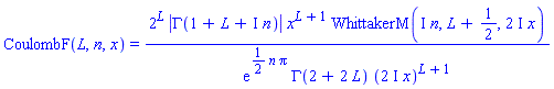 CoulombF(L, n, x) = 2^L*abs(GAMMA(1+L+I*n))*x^(L+1)*WhittakerM(I*n, L+1/2, (2*I)*x)/(exp((1/2)*n*Pi)*GAMMA(2+2*L)*((2*I)*x)^(L+1))