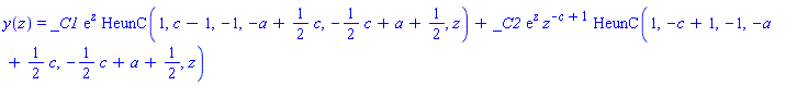 y(z) = _C1*exp(z)*HeunC(1, c-1, -1, -a+(1/2)*c, -(1/2)*c+a+1/2, z)+_C2*exp(z)*z^(-c+1)*HeunC(1, -c+1, -1, -a+(1/2)*c, -(1/2)*c+a+1/2, z)