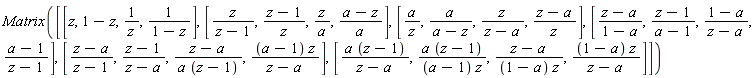 Matrix([[z, 1-z, 1/z, 1/(1-z)], [z/(z-1), (z-1)/z, z/a, (a-z)/a], [a/z, a/(a-z), z/(z-a), (z-a)/z], [(z-a)/(1-a), (z-1)/(a-1), (1-a)/(z-a), (a-1)/(z-1)], [(z-a)/(z-1), (z-1)/(z-a), (z-a)/(a*(z-1)), (a-1)*z/(z-a)], [a*(z-1)/(z-a), a*(z-1)/((a-1)*z), (z-a)/((1-a)*z), (1-a)*z/(z-a)]])