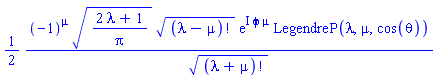 (1/2)*(-1)^mu*((2*lambda+1)/Pi)^(1/2)*factorial(lambda-mu)^(1/2)*exp(I*phi*mu)*LegendreP(lambda, mu, cos(theta))/factorial(lambda+mu)^(1/2)