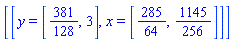 [[y = [381/128, 3], x = [285/64, 1145/256]]]