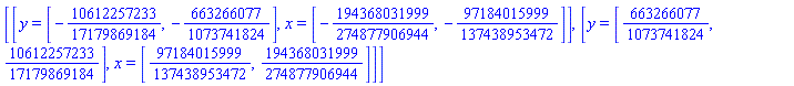 [[y = [-10612257233/17179869184, -663266077/1073741824], x = [-194368031999/274877906944, -97184015999/137438953472]], [y = [663266077/1073741824, 10612257233/17179869184], x = [97184015999/137438953472, 194368031999/274877906944]]]