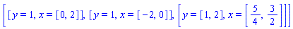 [[y = 1, x = [0, 2]], [y = 1, x = [-2, 0]], [y = [1, 2], x = [5/4, 3/2]]]