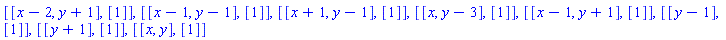 [[x-2, y+1], [1]], [[x-1, y-1], [1]], [[x+1, y-1], [1]], [[x, y-3], [1]], [[x-1, y+1], [1]], [[y-1], [1]], [[y+1], [1]], [[x, y], [1]]