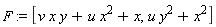 F := [v*x*y+u*x^2+x, u*y^2+x^2]