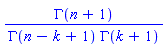 GAMMA(n+1)/(GAMMA(n-k+1)*GAMMA(k+1))