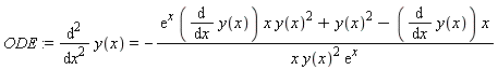 ODE := diff(y(x), x, x) = -(exp(x)*(diff(y(x), x))*x*y(x)^2+y(x)^2-(diff(y(x), x))*x)/(x*y(x)^2*exp(x))