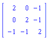 Matrix(3, 3, {(1, 1) = 2, (1, 2) = 0, (1, 3) = -1, (2, 1) = 0, (2, 2) = 2, (2, 3) = -1, (3, 1) = -1, (3, 2) = -1, (3, 3) = 2})