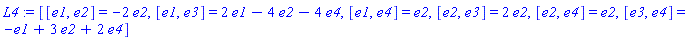 _DG([["LieAlgebra", Alg4, [4, table( [ ] )]], [[[1, 2, 2], -2], [[1, 3, 1], 2], [[1, 3, 2], -4], [[1, 3, 4], -4], [[1, 4, 2], 1], [[2, 3, 2], 2], [[2, 4, 2], 1], [[3, 4, 1], -1], [[3, 4, 2], 3], [[3, 4, 4], 2]]])