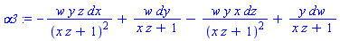 alpha3 := -w*y*z*dx/(x*z+1)^2+w*dy/(x*z+1)-w*y*x*dz/(x*z+1)^2+y*dw/(x*z+1)