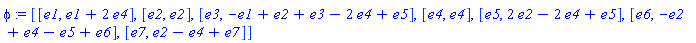 phi := [[e1, e1+2*e4], [e2, e2], [e3, -e1+e2+e3-2*e4+e5], [e4, e4], [e5, 2*e2-2*e4+e5], [e6, -e2+e4-e5+e6], [e7, e2-e4+e7]]