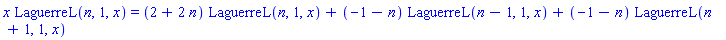 x*LaguerreL(n, 1, x) = (2+2*n)*LaguerreL(n, 1, x)+(-1-n)*LaguerreL(n-1, 1, x)+(-1-n)*LaguerreL(n+1, 1, x)