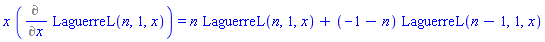 x*(Diff(LaguerreL(n, 1, x), x)) = n*LaguerreL(n, 1, x)+(-1-n)*LaguerreL(n-1, 1, x)