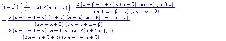 (1-x^2)*(Diff(JacobiP(n, alpha, beta, x), x)) = 2*(alpha+beta+1+n)*n*(alpha-beta)*JacobiP(n, alpha, beta, x)/((2*n+alpha+beta+2)*(2*n+alpha+beta))+2*(alpha+beta+1+n)*(n+beta)*(n+alpha)*JacobiP(n-1, alpha, beta, x)/((2*n+alpha+beta)*(2*n+1+alpha+beta))-2*(alpha+beta+1+n)*(n+1)*n*JacobiP(n+1, alpha, beta, x)/((2*n+alpha+beta+2)*(2*n+1+alpha+beta))