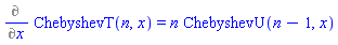 Diff(ChebyshevT(n, x), x) = n*ChebyshevU(n-1, x)
