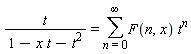 t/(1-x*t-t^2) = sum(F(n, x)*t^n, n = 0 .. infinity)