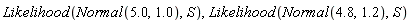 Likelihood(Normal(5.0, 1.0), S), Likelihood(Normal(4.8, 1.2), S)