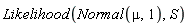 Likelihood(Normal(mu, 1), S)