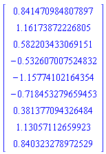 Vector[column]([[.841470984807897], [1.16173872226805], [.582203433069151], [-.532607007524832], [-1.15774102164354], [-.718453279659453], [.381377094326484], [1.13057112659923], [.840323278972529]])
