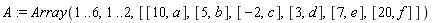 A := Array(1 .. 6, 1 .. 2, [[10, a], [5, b], [-2, c], [3, d], [7, e], [20, f]])