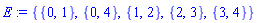 E := {{0, 1}, {0, 4}, {1, 2}, {2, 3}, {3, 4}}