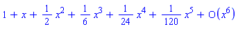 series(1+x+(1/2)*x^2+(1/6)*x^3+(1/24)*x^4+(1/120)*x^5+O(x^6),x,6)